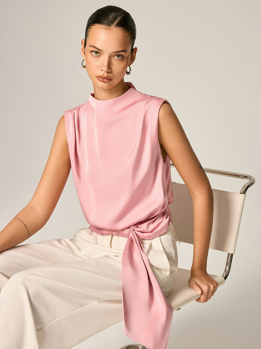 Draped Satin Tie Waist Sleeveless Blouse