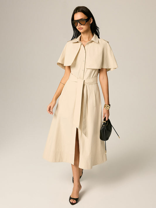 Cape Sleeve Belted Cotton Maxi Dress