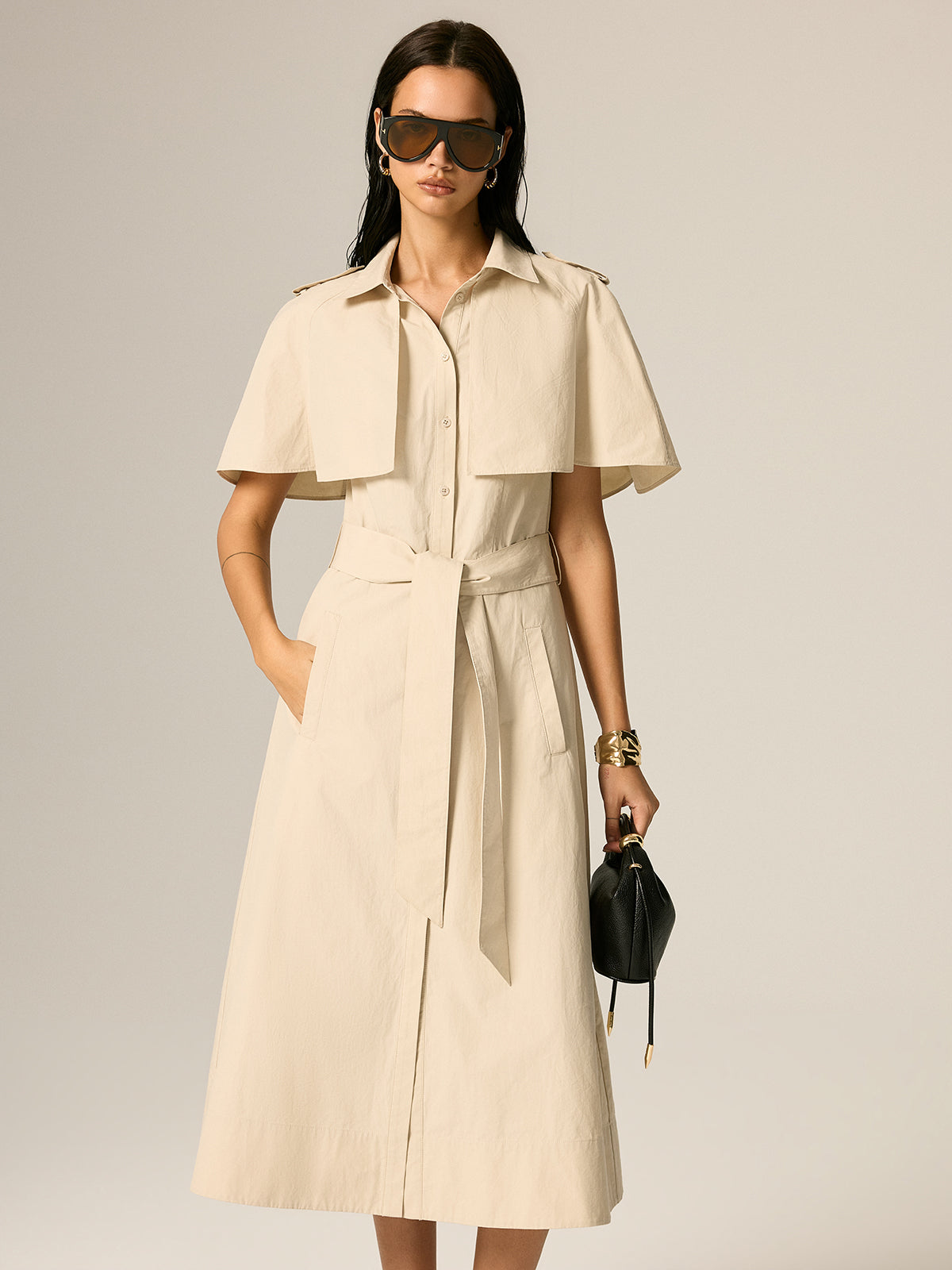 Cape Sleeve Belted Cotton Maxi Dress