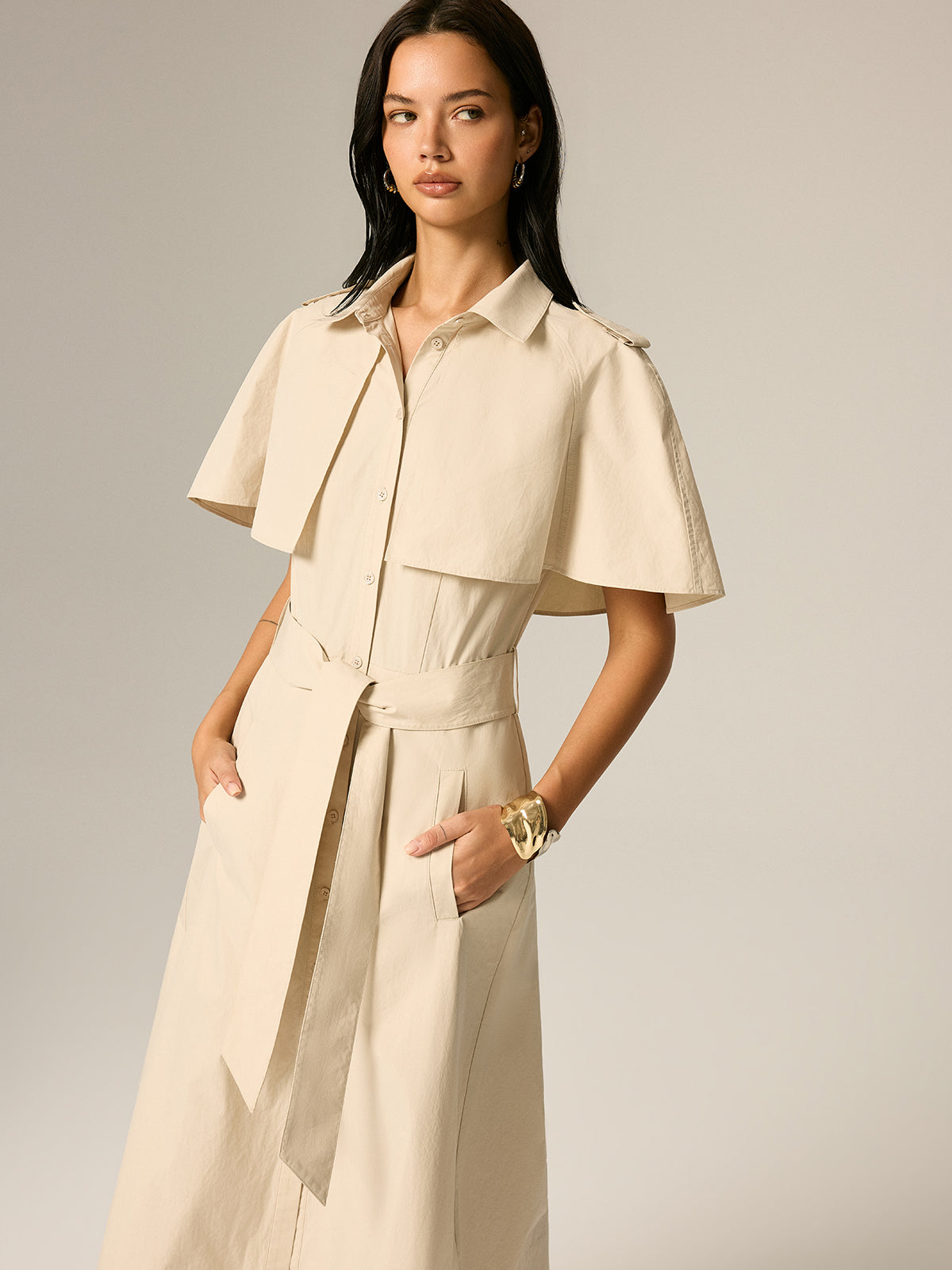 Cape Sleeve Belted Cotton Maxi Dress