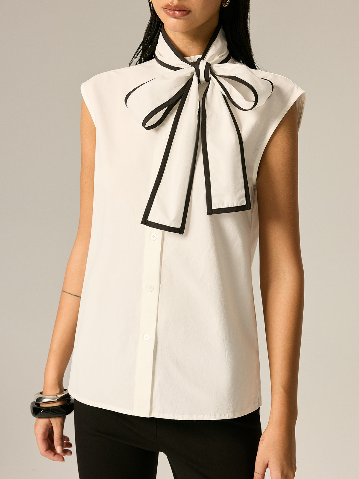 Contrast Trim Bow Tie Sleeveless Blouse