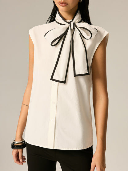 Contrast Trim Bow Tie Sleeveless Blouse