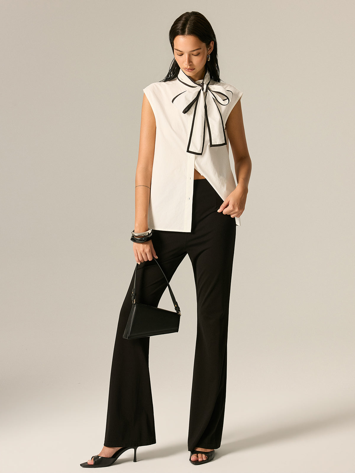 Contrast Trim Bow Tie Sleeveless Blouse