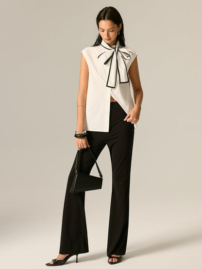 Contrast Trim Bow Tie Sleeveless Blouse