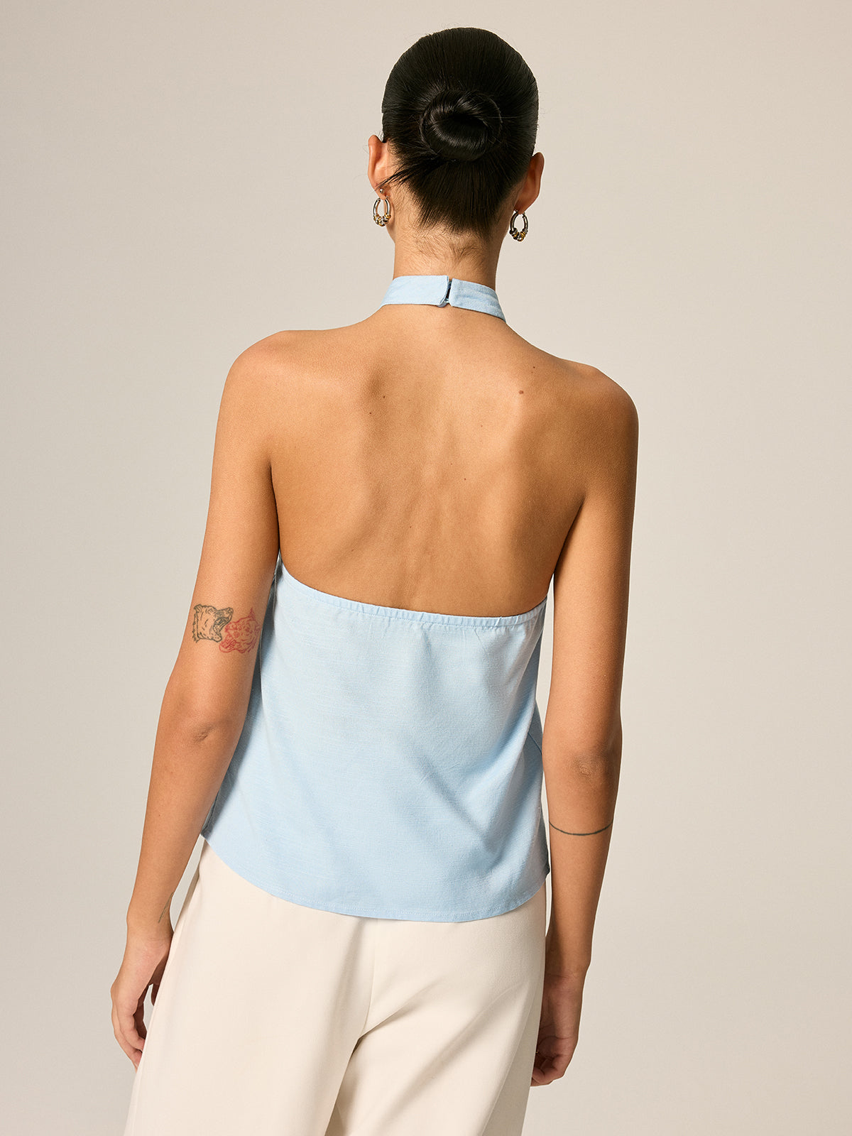 Halter Neck Front Slit Linen Blend Top