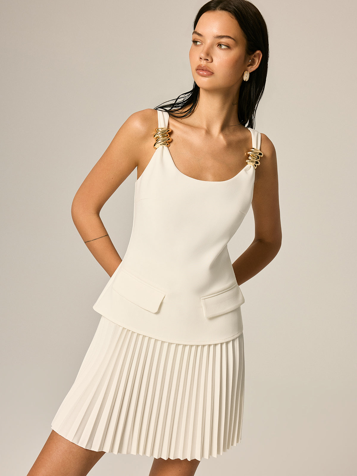 Metal Detail Pleated Mini Dress