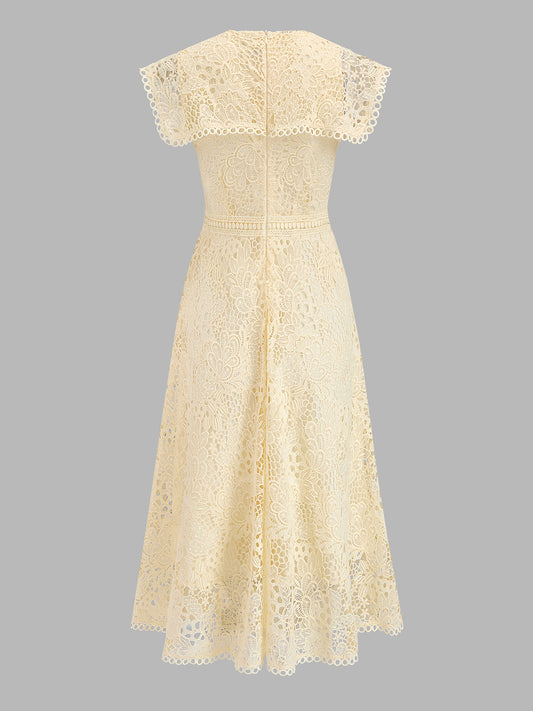 Cape Collar Tie Neck Lace Midi Dress