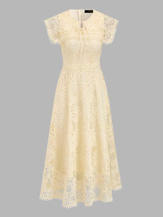 Cape Collar Tie Neck Lace Midi Dress