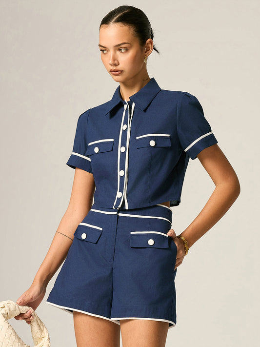 Contrast Trim Cotton Linen Two Piece Shorts Set