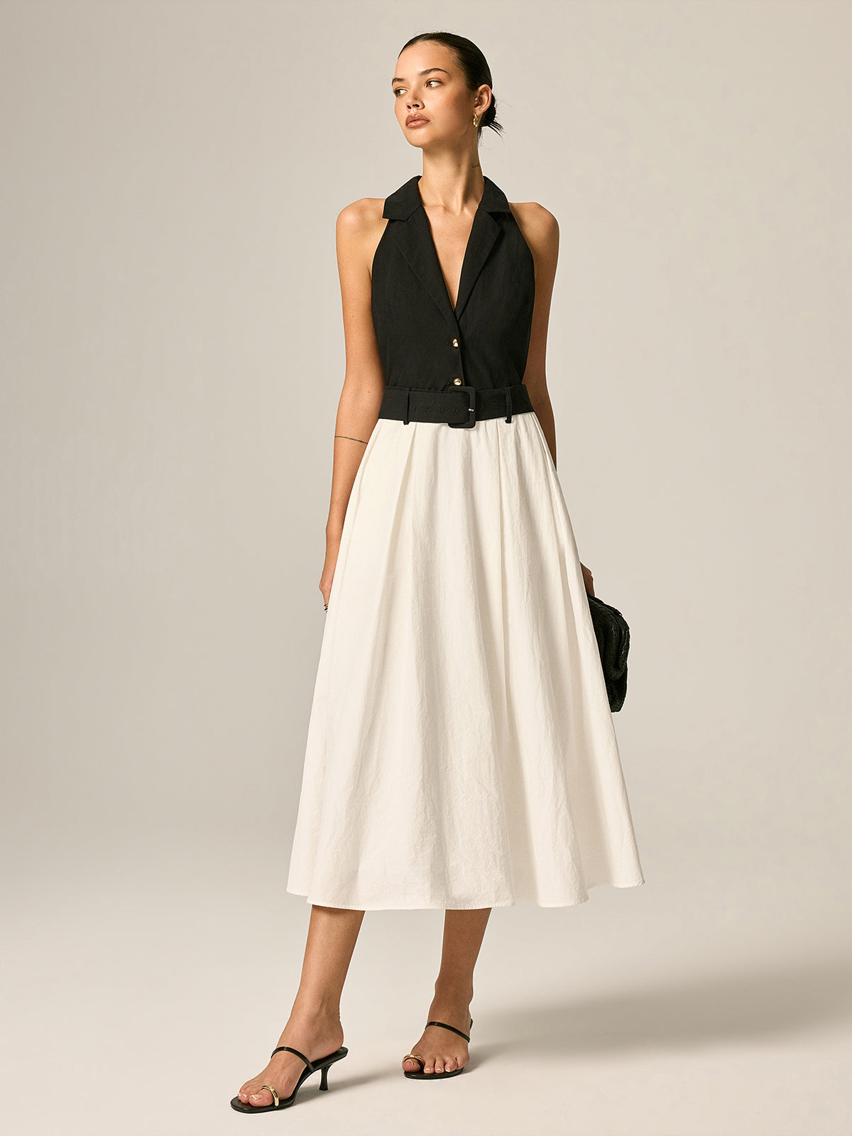Lapel Belted Color Block Maxi Dress