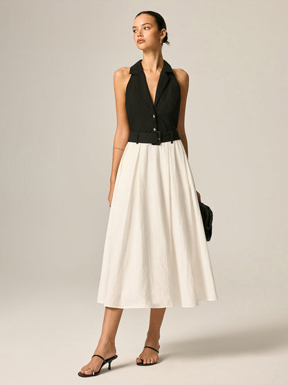 Lapel Belted Color Block Maxi Dress