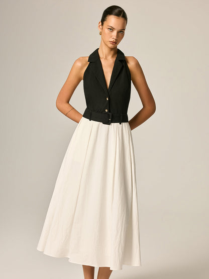 Lapel Belted Color Block Maxi Dress