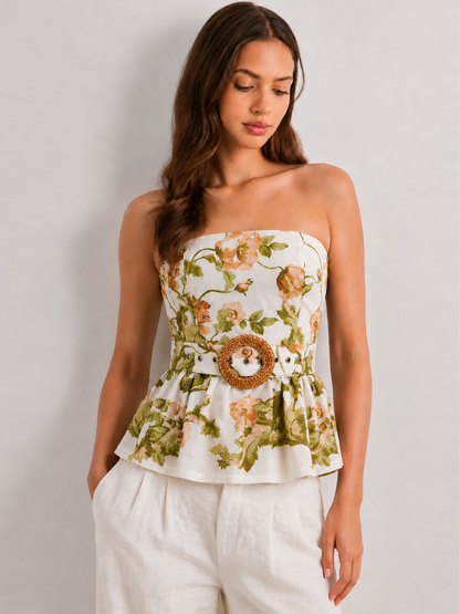 Floral Print Strapless Belted Peplum Top