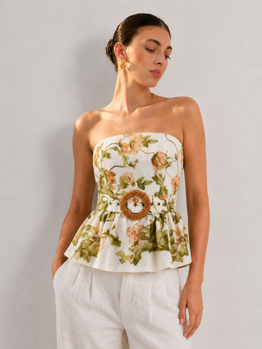 Floral Print Strapless Belted Peplum Top