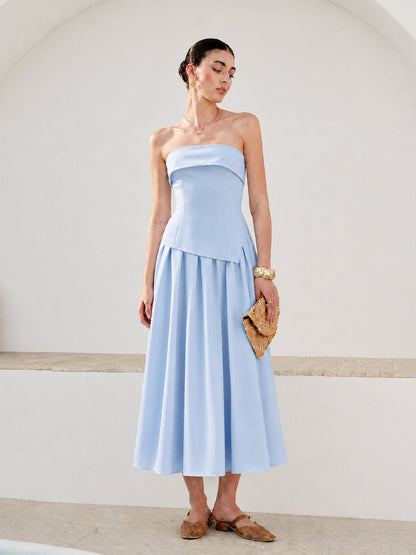 Fold Over Strapless Pleated Midi Dress