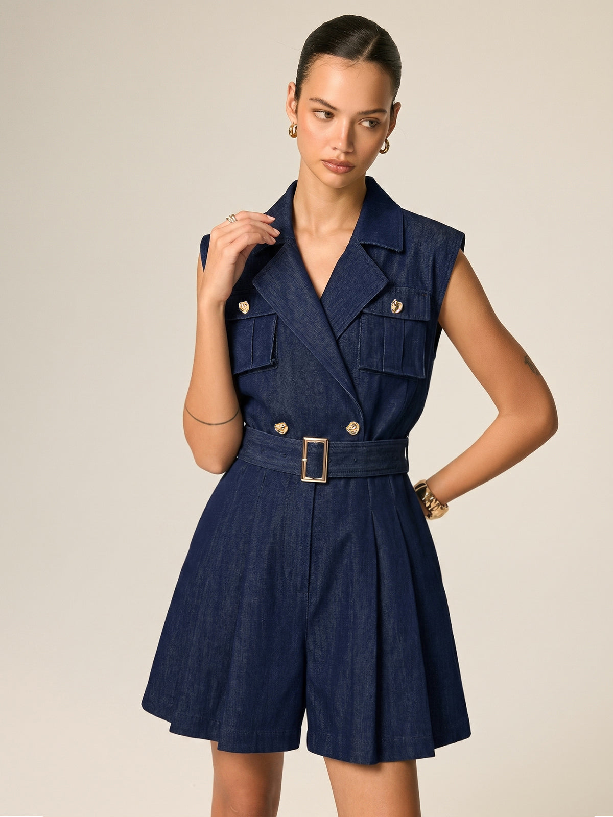 Lapel Belted Sleeveless Pleated Romper