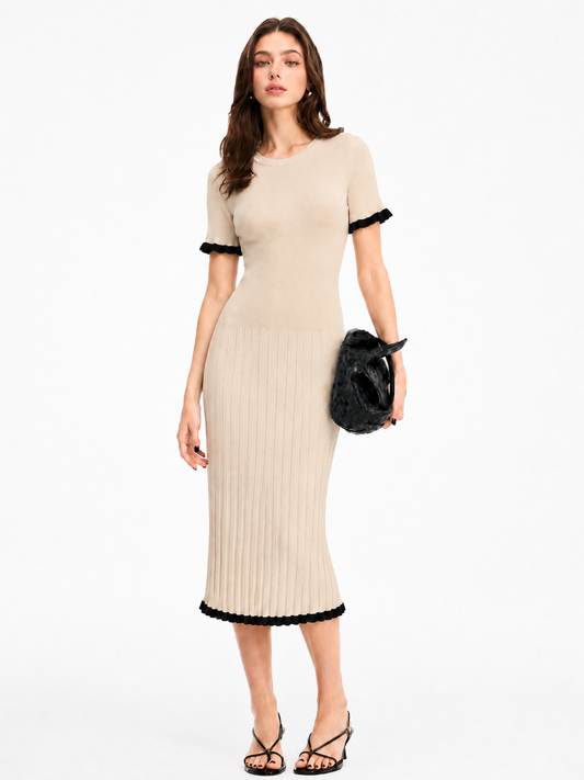 Ruffle Trim Ribbed Bodycon Midi Dress