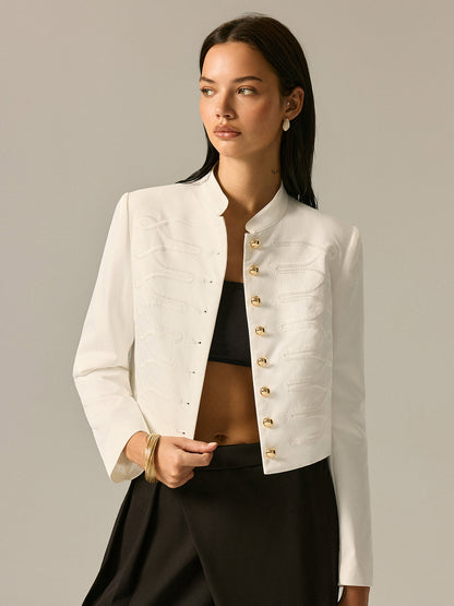 Stand Collar Embroidery Metal Button Jacket