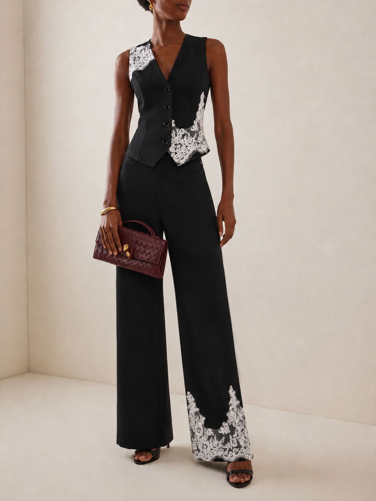 Lace Patch Two Piece Pants Set
