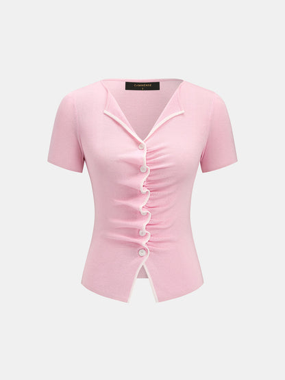 Contrast Trim Ruched Short Sleeve Knit Top