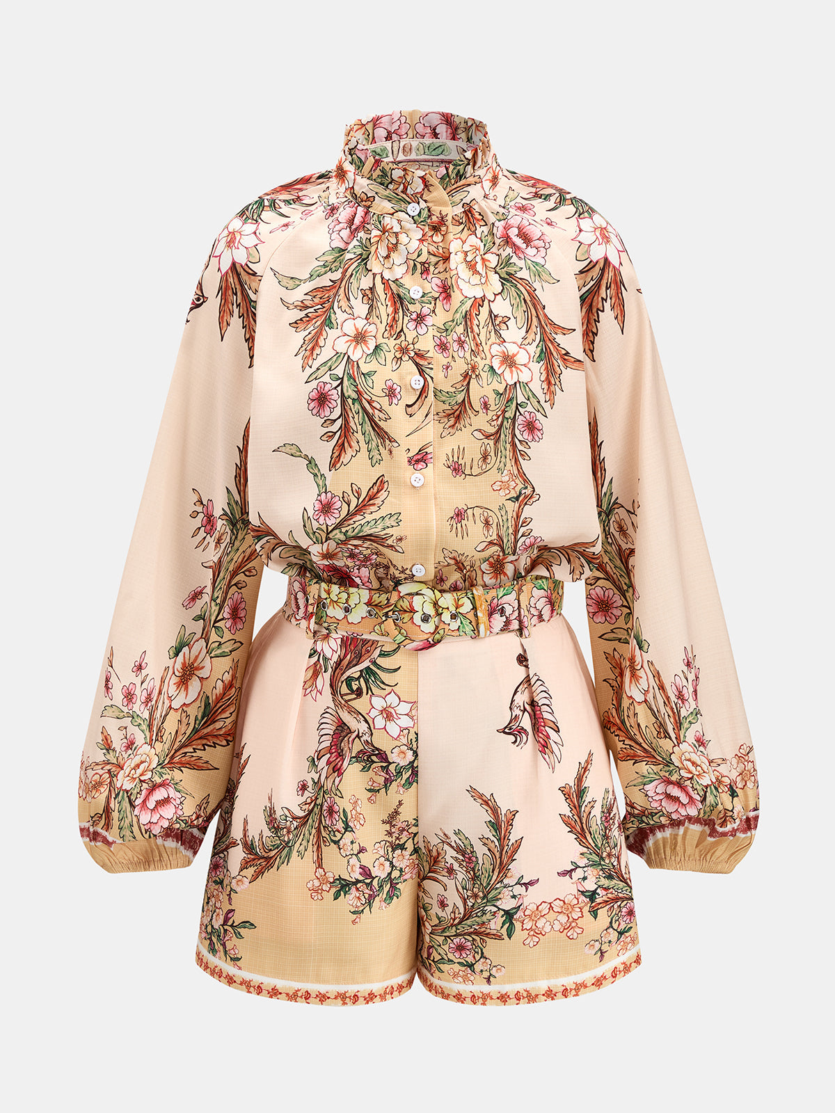 Floral Print Shirt & Belted Shorts Set