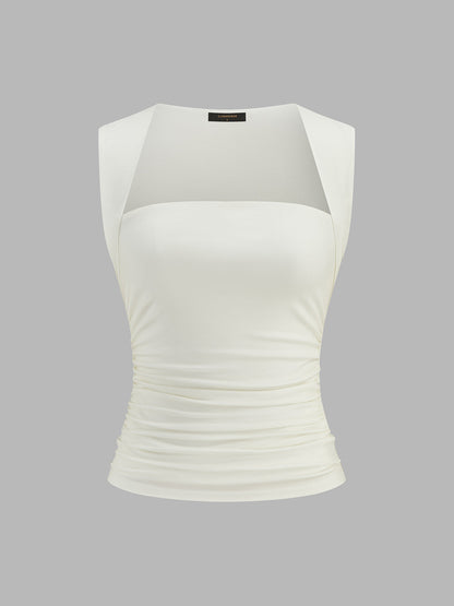 Square Neck Ruched Sleeveless Fitted Tank Top
