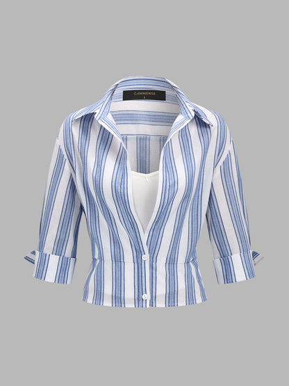 Casual Striped Shirt Cami Two Piece Set
