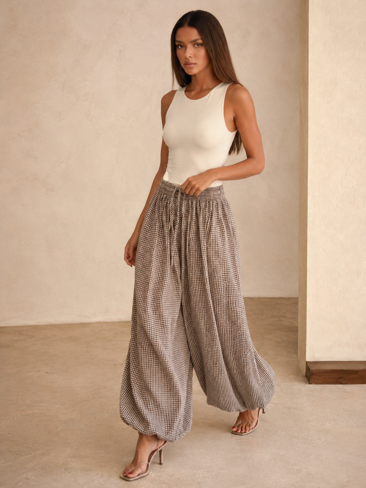 Drawstring Plaid Loose Balloon Pants