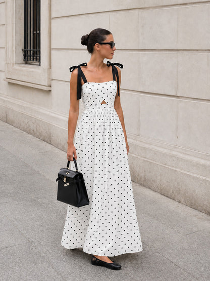 Bow Strap Polka Dot Midi Slip Dress