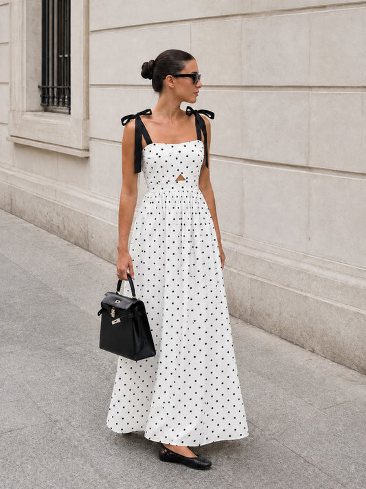 Bow Strap Polka Dot Midi Slip Dress