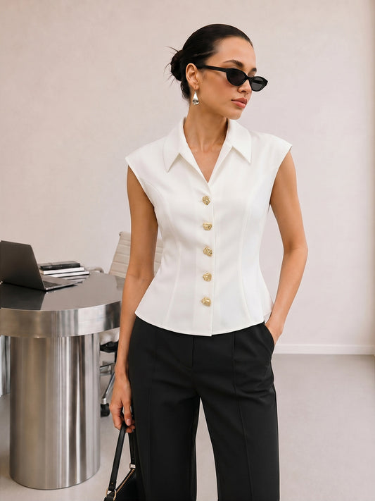 Collared Metal Button Sleeveless Blouse