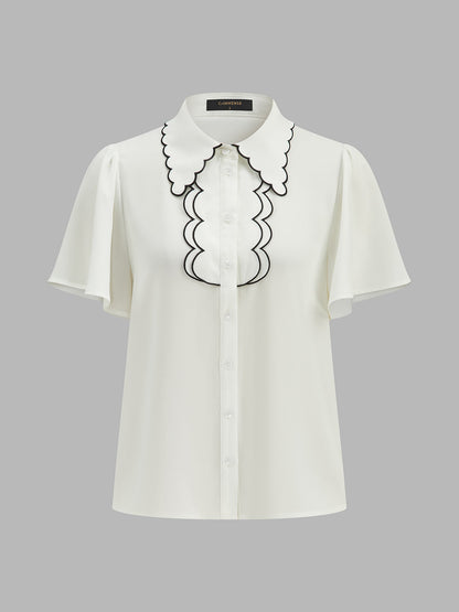 Wave Contrast Trim Flutter Sleeve Blouse