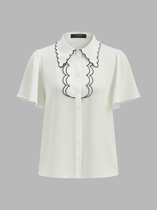 Wave Contrast Trim Flutter Sleeve Blouse