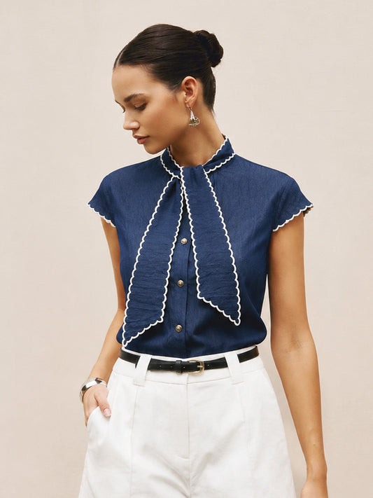 Wave Trim Tie Neck Cap Sleeve Blouse