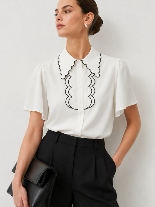 Wave Contrast Trim Flutter Sleeve Blouse