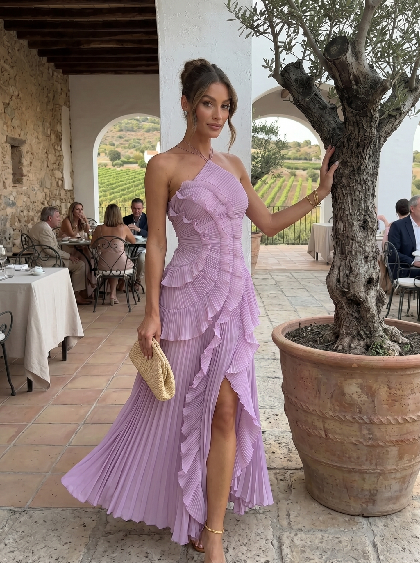 Aslan | Vestido largo plisado con volantes