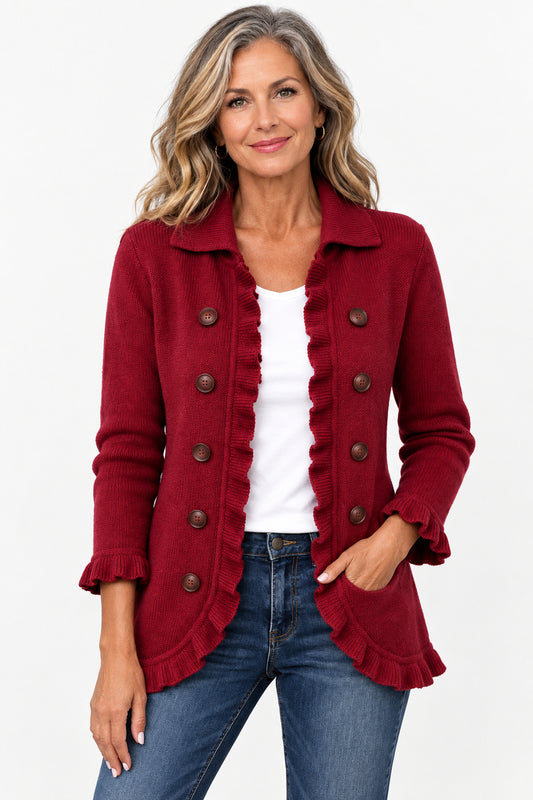 Rosalía | Chaqueta de Punto Rojo Rubí con Volantes