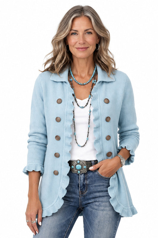 Cecilia | Chaqueta de Punto Azul Empolvado con Volantes