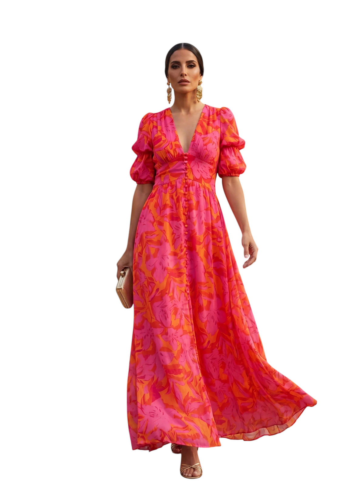 Vestido maxi Mara Domínguez de gasa con estampado floral rosa y naranja, escote en V y mangas abullonadas.
