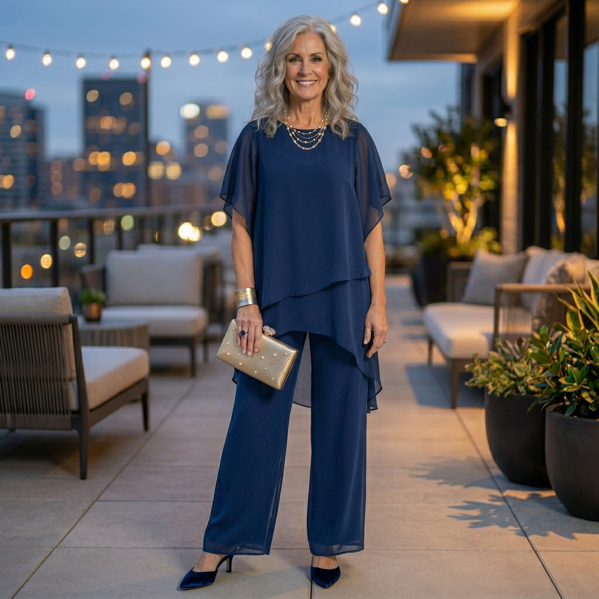 Mujer madura con conjunto azul marino Mara Domínguez de dos piezas, blusa de capas y pantalón fluido en una terraza.