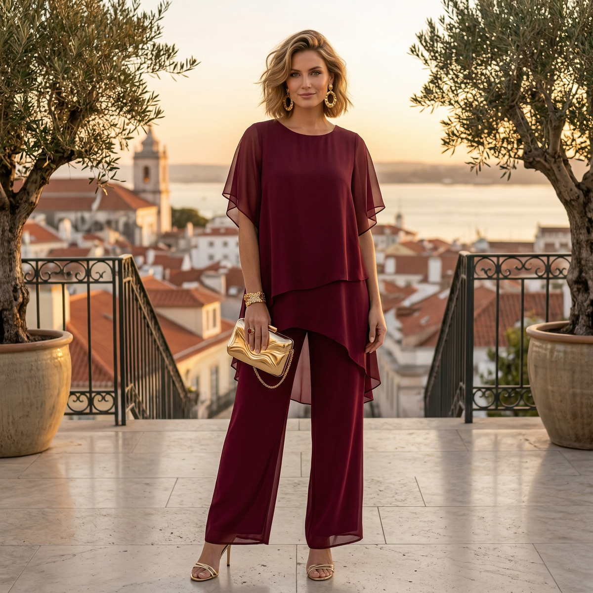 Conjunto elegante Mara Domínguez de dos piezas en color burdeos con blusa de capas y pantalón fluido para eventos.