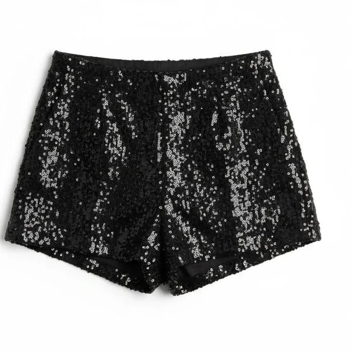 Short Mara Domínguez Mae de lentejuelas negras brillantes para eventos nocturnos y fiestas elegantes