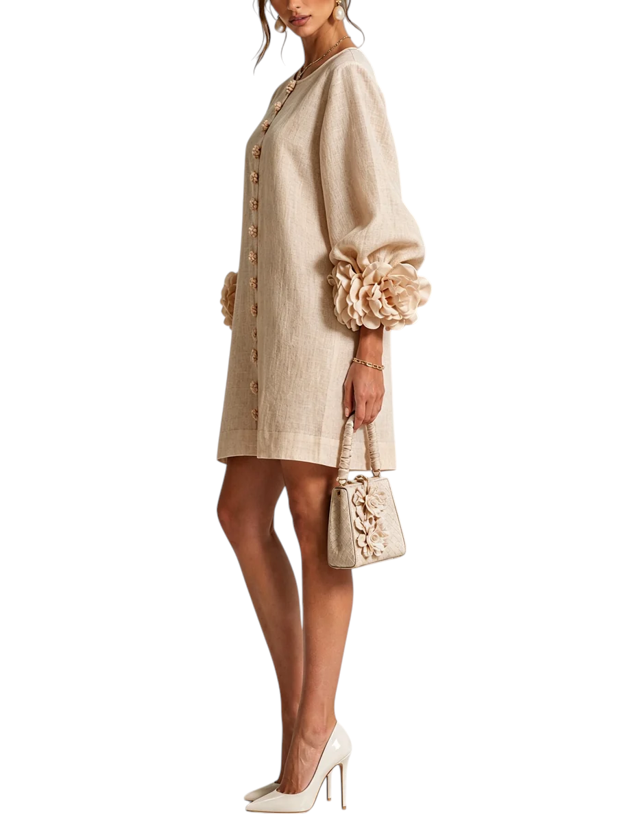 Vestido corto de lino Mara Domínguez color beige con mangas abullonadas, detalles florales en puños y botones frontales