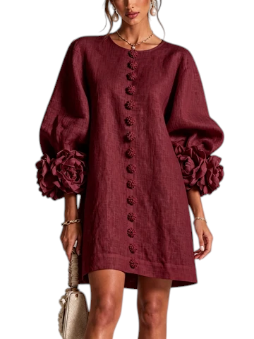 Vestido corto Mara Domínguez de lino color burdeos con mangas abullonadas y detalles de flores en los puños