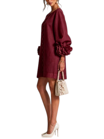 Vestido corto Mara Domínguez de lino color burdeos con mangas abullonadas y detalles florales en los puños