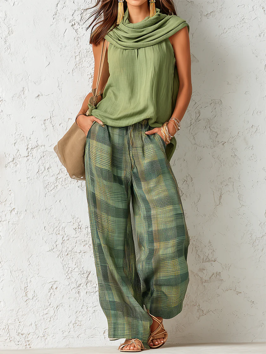 Livia Ferretti Patu Conjunto Boho de Blusa Drapeada y Pantalón Ancho