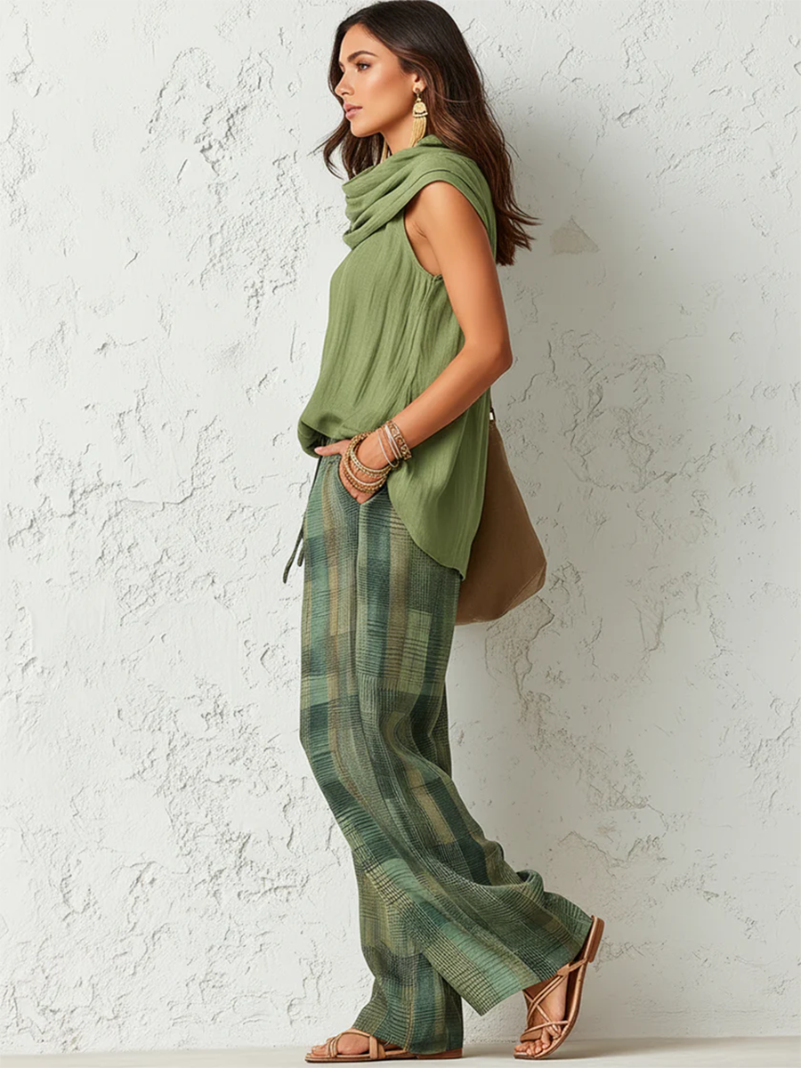 Livia Ferretti Patu Conjunto Boho de Blusa Drapeada y Pantalón Ancho