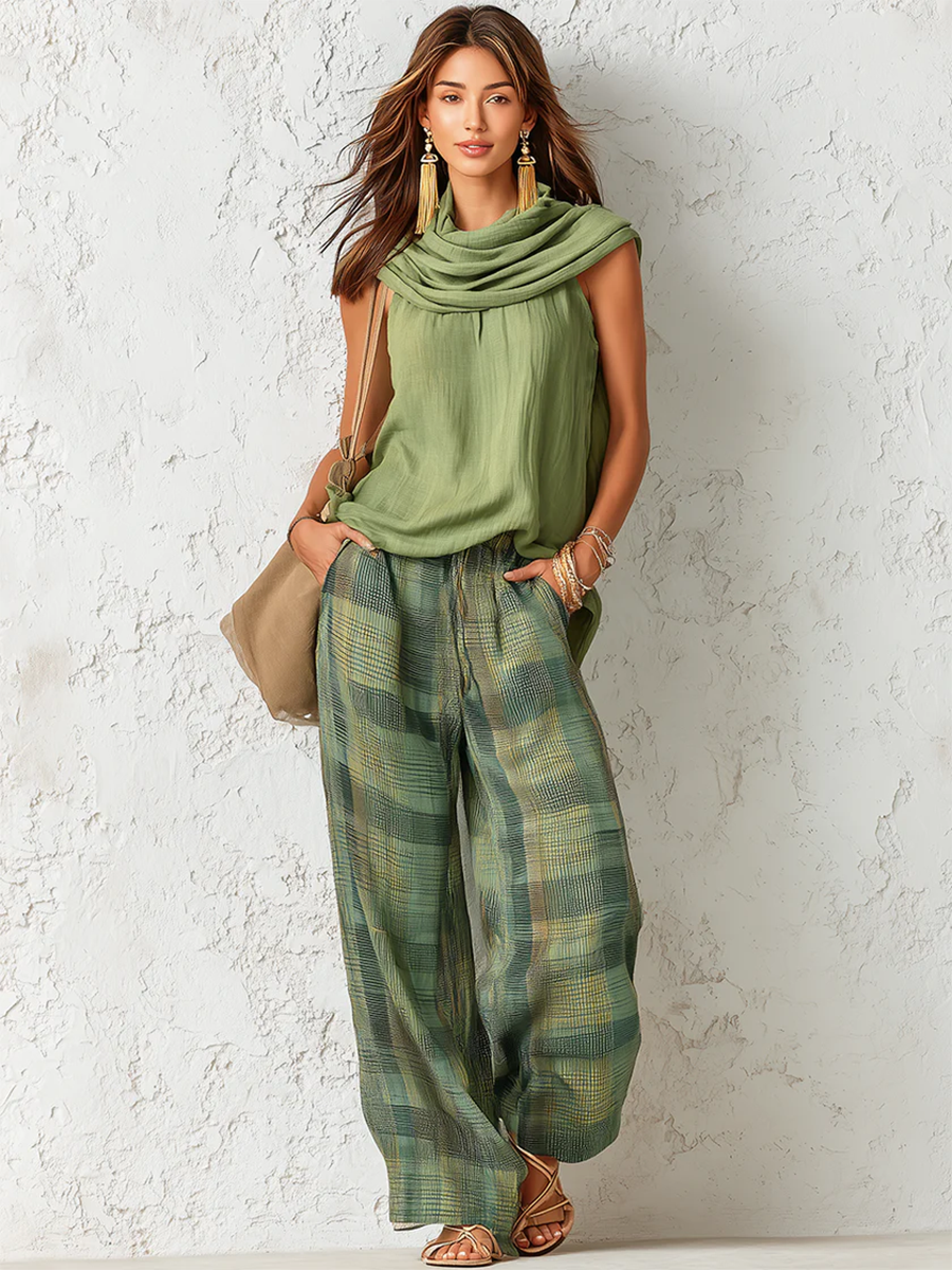 Livia Ferretti Patu Conjunto Boho de Blusa Drapeada y Pantalón Ancho